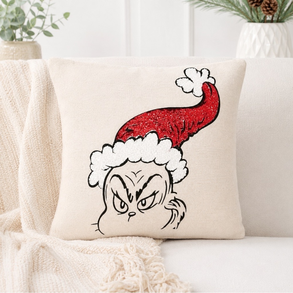 🆕 Pottery Barn Teen Grinch red sequin pillow case cover (no insert) - Dr. Seuss